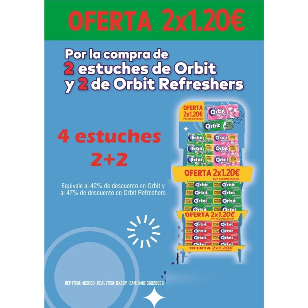 LOTE Orbit **4 estuches** Grageas +Refresh 2×1.20€  92uds.- Chicles sin Azúcar