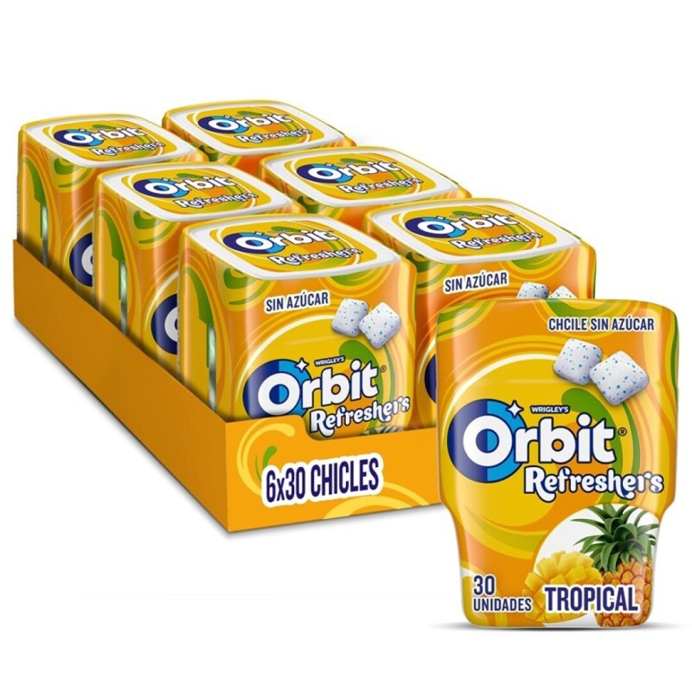 ORBIT BOTE REFRESH 30 Grageas TROPICAL 6uds.- Chicles sin Azúcar