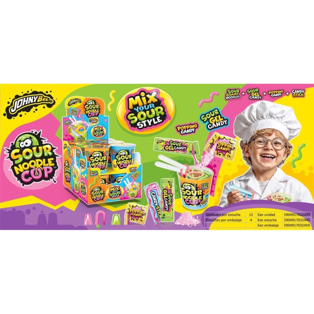 SH **SOUR** CANDY NOODLE CUP Popping+Gel 12uds Juguetes con Golosinas