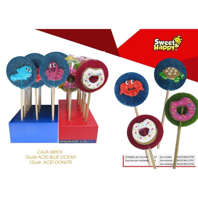 SH Piruleta Acid BLUE & ACID DONUTS 70grs **Caja Mixta** 24u MARSHMALLOW