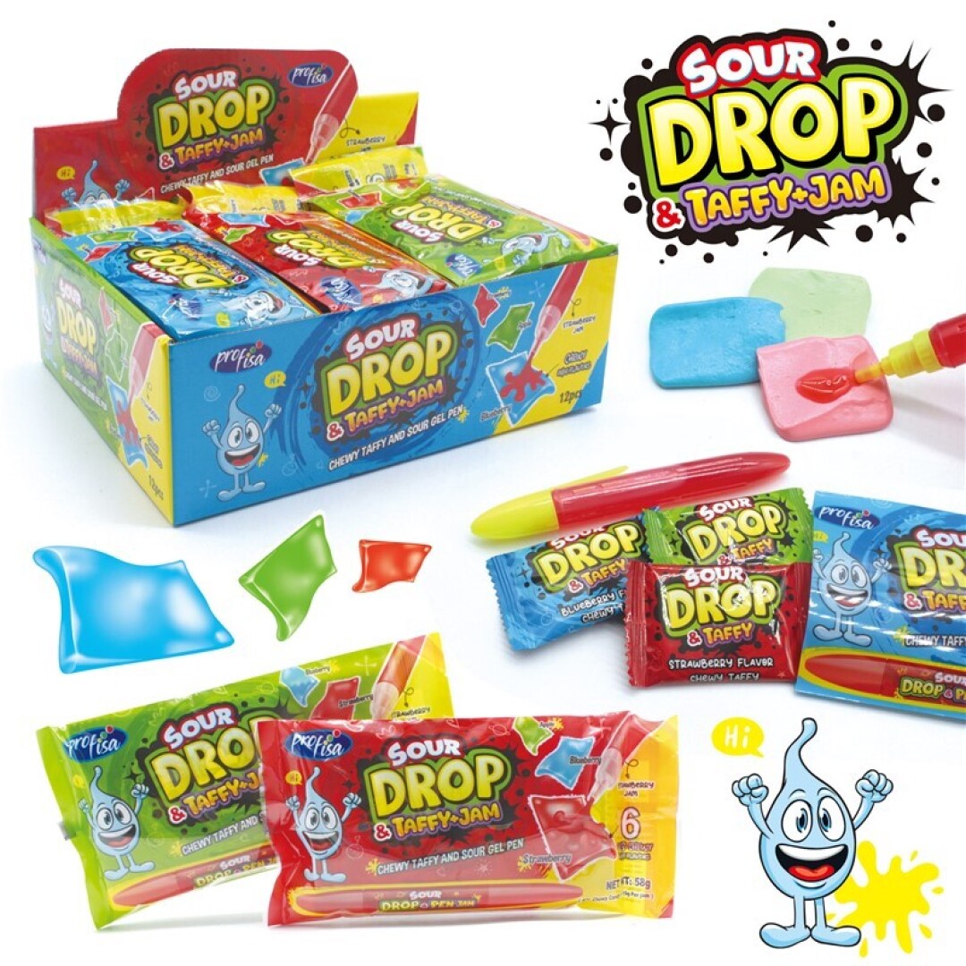 KRC Sour DROP **TAFFY** JAM Boligrafo 58grs 12uds Juguetes con Golosinas