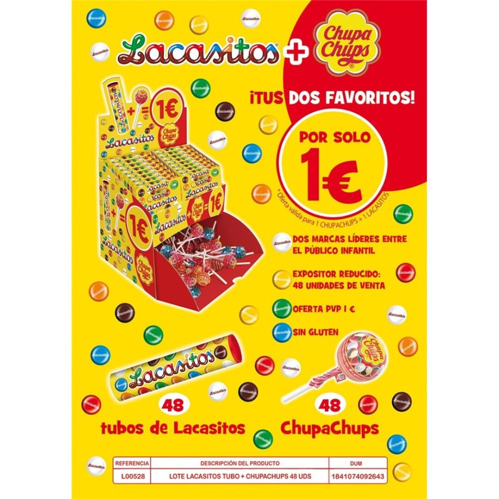 LOTE LACASA Lacasitos Tubo+Chupa Chups 2×1€ 48+48 Grageas de Chocolate