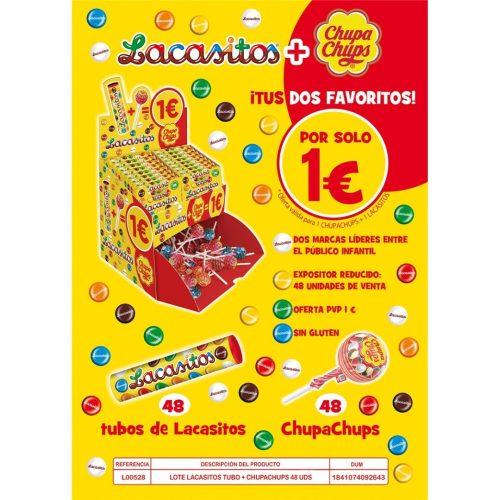 LOTE LACASA Lacasitos Tubo+Chupa Chups 2×1€ 48+48 Grageas de Chocolate