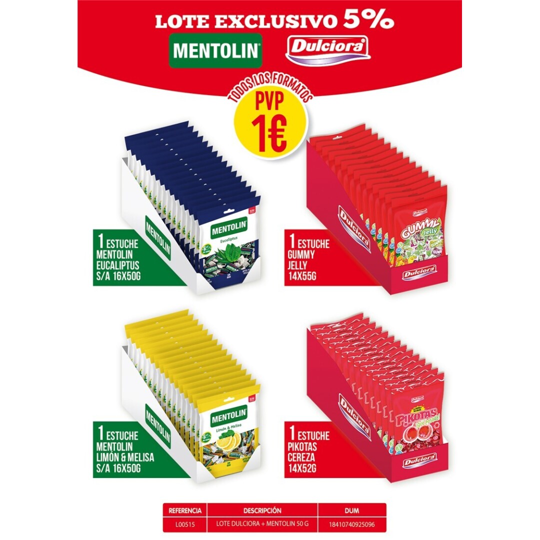 LOTE Mentolin +Gummy+Pikotas Bolsitas 50grs PVP 1€  60uds Caramelos estuche